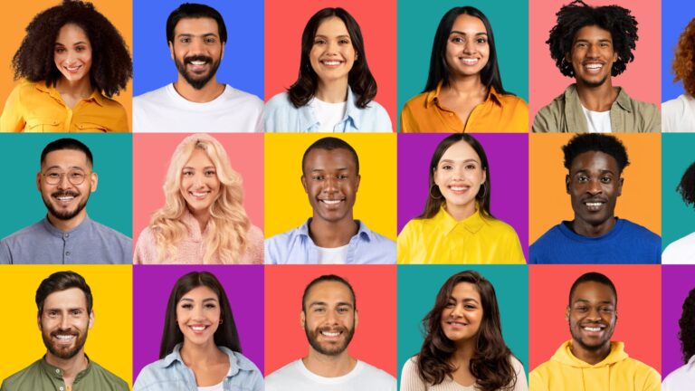 A vibrant mosaic of smiling diverse faces, diverse in ethnicity and style, set against a series of bold, solid-colored backgrounds, exuding warmth and friendliness, panorama